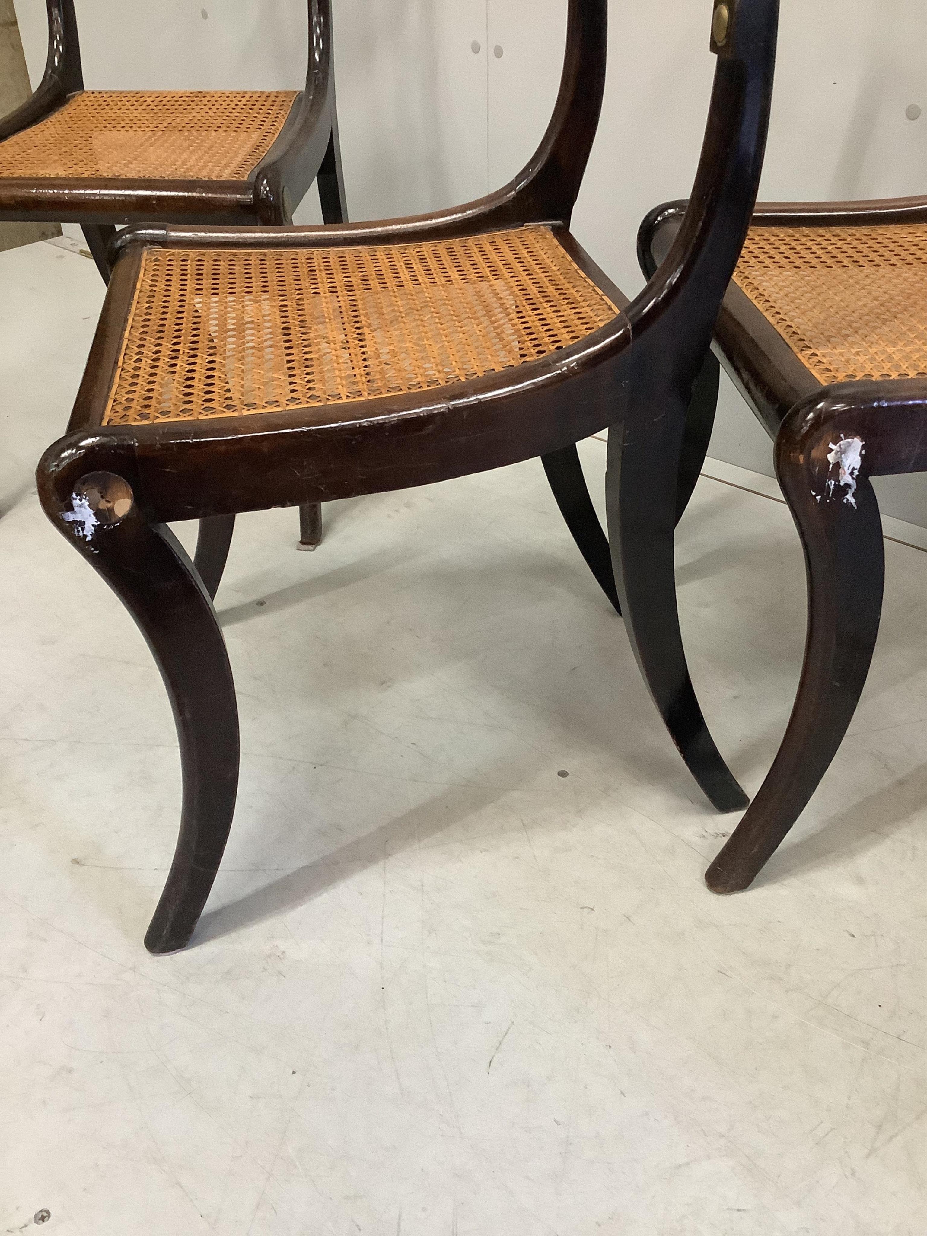 A set of six Regency brass mounted beech cane seat dining chairs